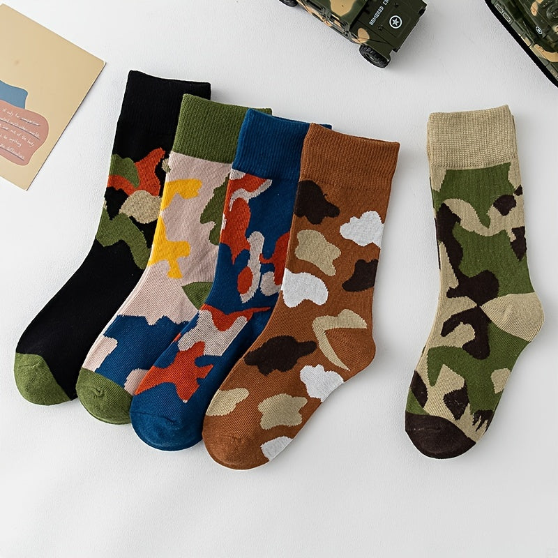 5 Pairs Boys Camo Crew Socks for Spring Autumn