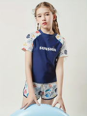 Girls Casual Splicing Cartoon Print 2pcs Swimsuit Set for Summer Sports