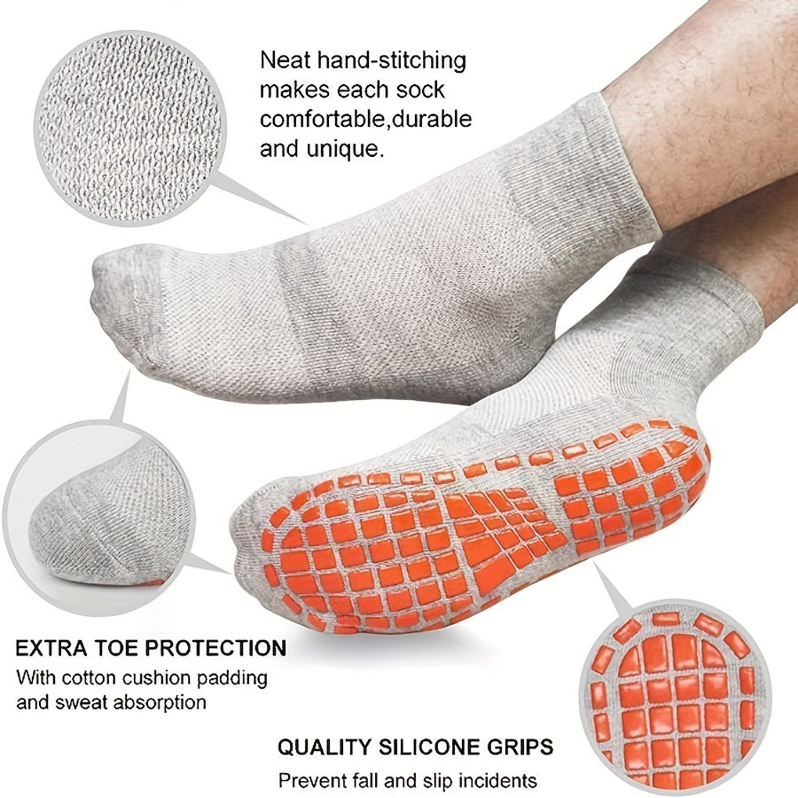 3 Pairs Men's Casual Non-Slip Yoga Socks, Warm Mid-Calf Cotton