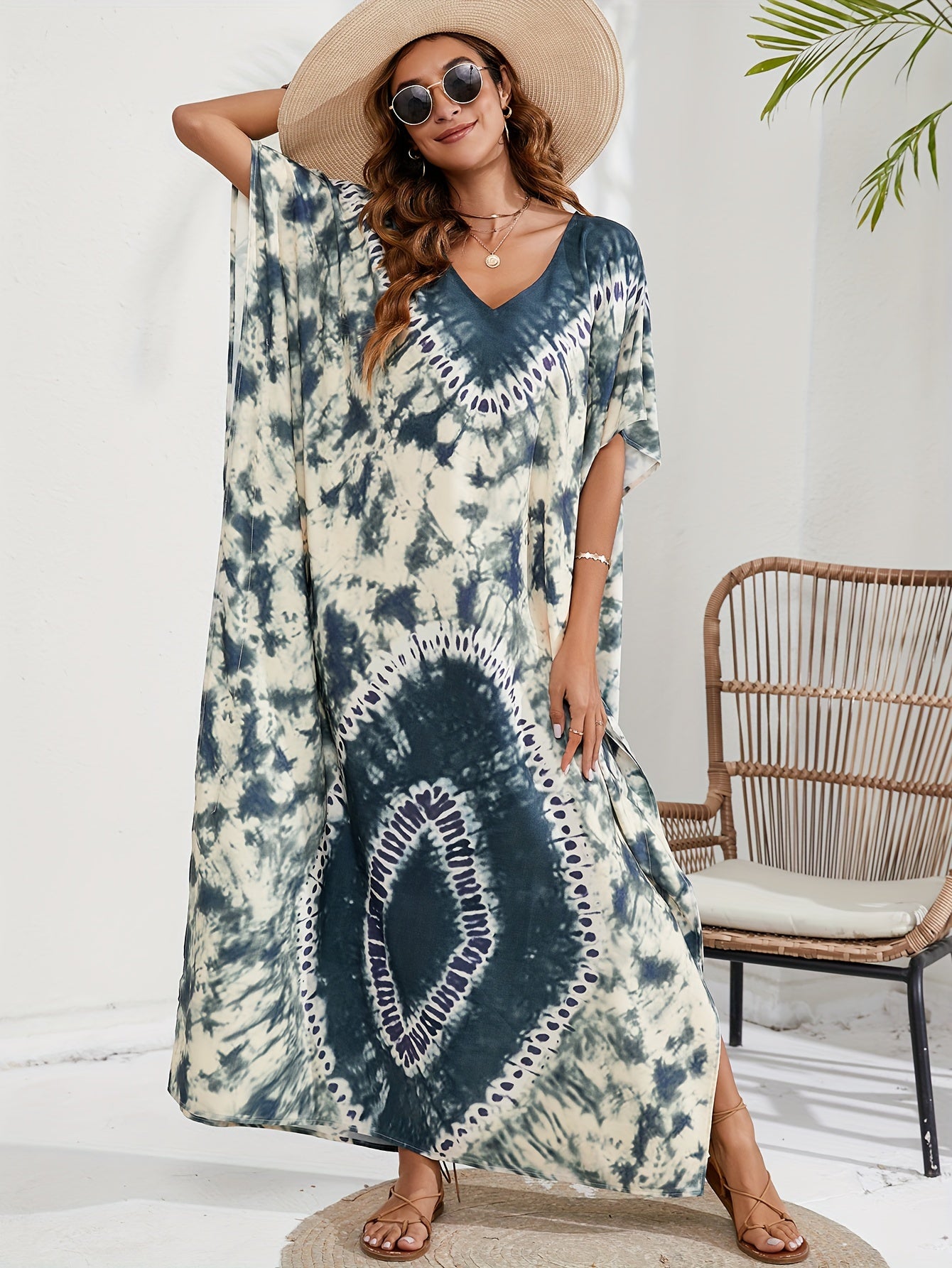 Tie Dye Batwing Sleeve V Neck Maxi Split Cover Up Dress