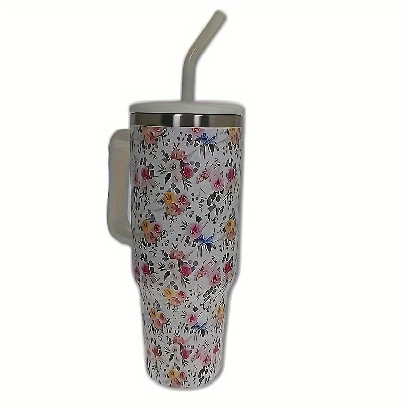 40oz Stainless Steel Vacuum Water Cup With Straw and Flower Tubler