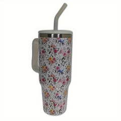40oz Stainless Steel Vacuum Water Cup With Straw and Flower Tubler
