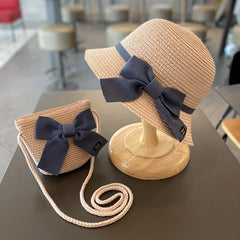 Girls Bow Decor Straw Hat & Bag Set for Outdoor Activities