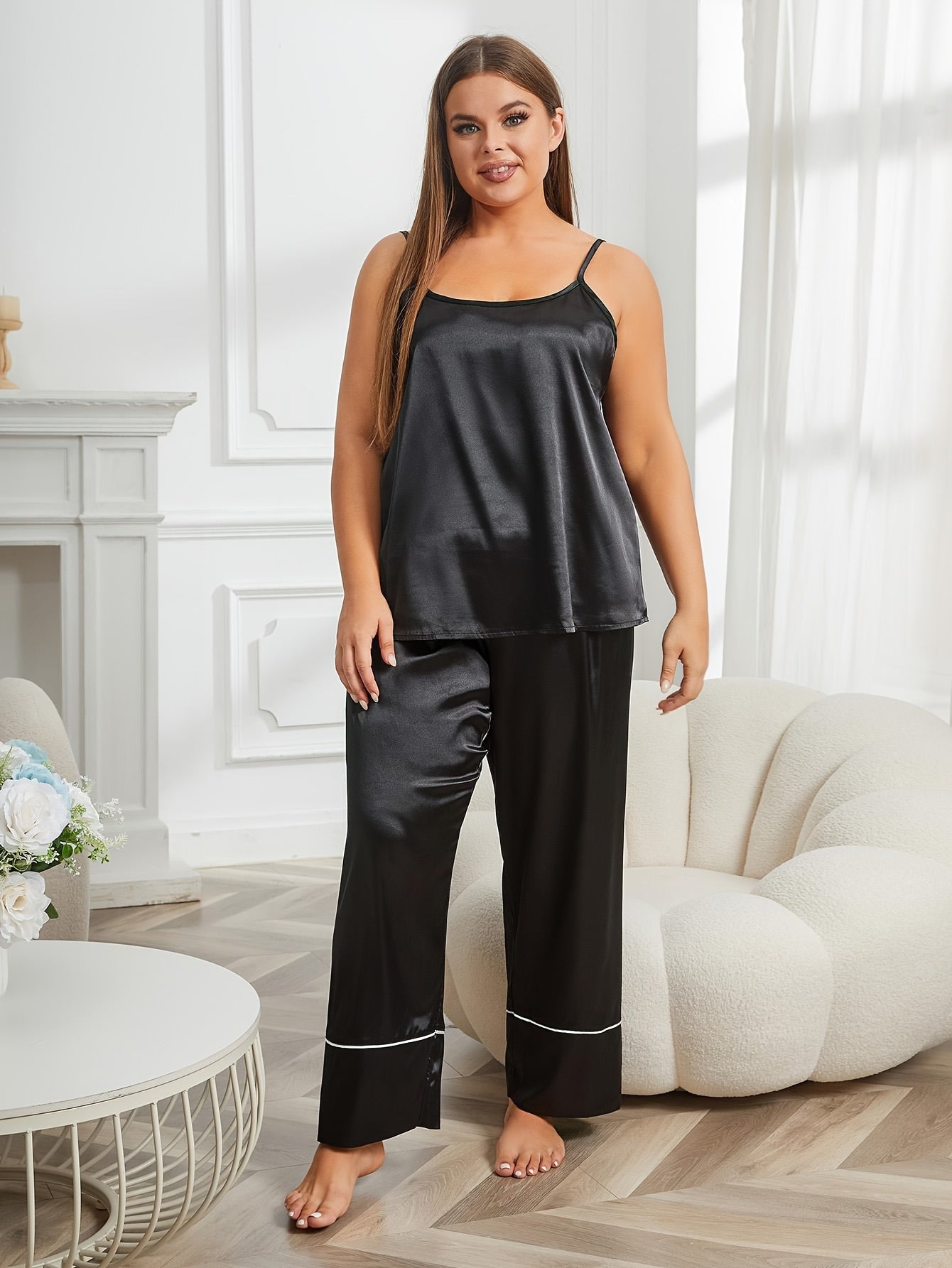 Contrast Pipping Satin Robe & Cami Top & Pants Set