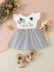 Baby Girl Cartoon Bow Striped Flutter Sleeve Dress