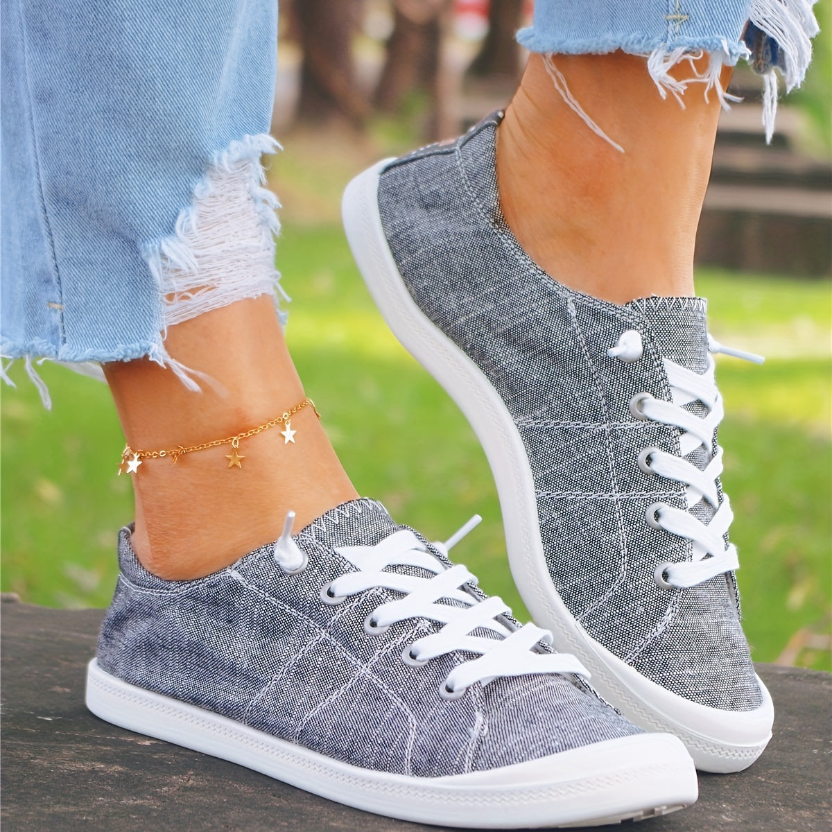 Gray Lace Up Canvas Shoes Anti Slip Causal Flat Walking Shoes Women's Footwear