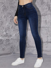 High Rise Dark Skinny Jeans High Waist Plain Stretchy Tight Fit Denim Pants