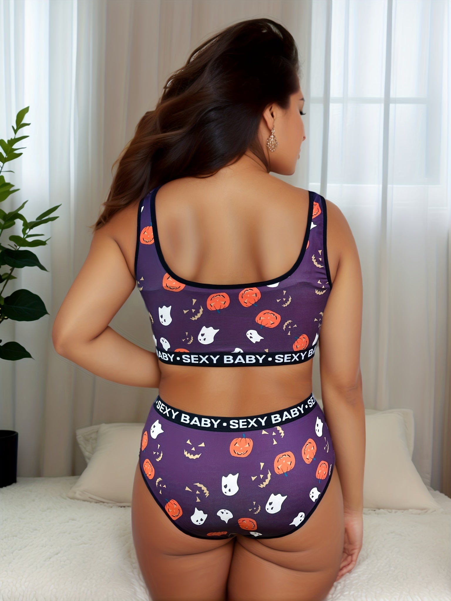 Halloween Sports Lingerie Set Women's Plus Ghost & Pumpkin Print