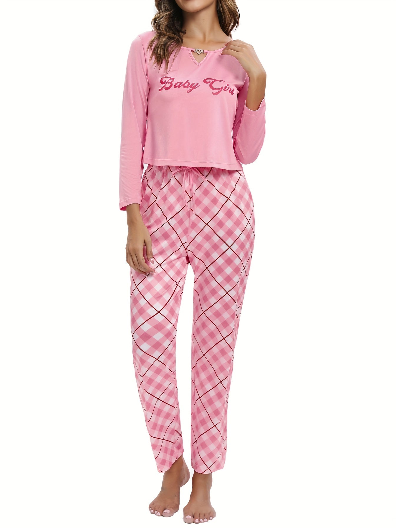 Letter Print Lounge Set Long Sleeve Crew Neck Top & Plaid Pants