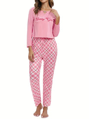 Letter Print Lounge Set Long Sleeve Crew Neck Top & Plaid Pants