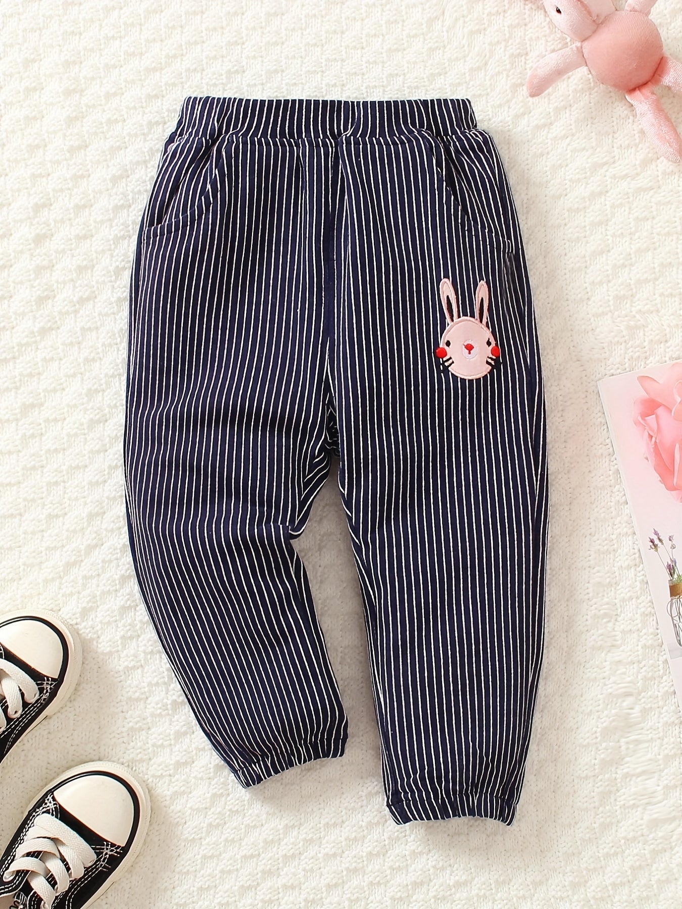 Girls Rabbit Patch Trousers with Stripes Embroidery for Casual Outfit