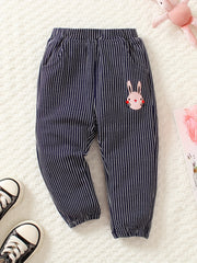 Girls Rabbit Patch Trousers with Stripes Embroidery for Casual Outfit