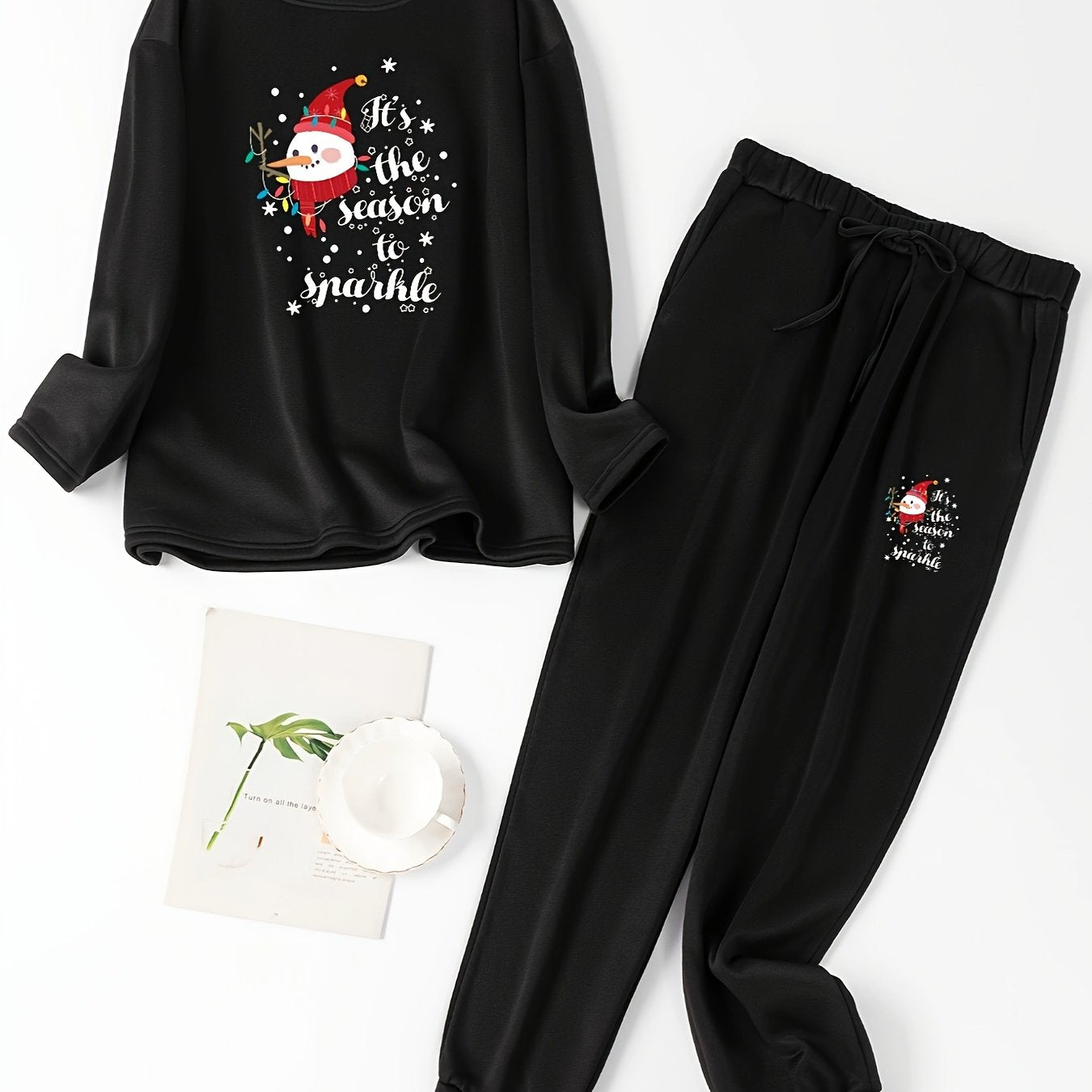 Christmas Lounge Set Snowman & Slogan Fleece Top & Joggers