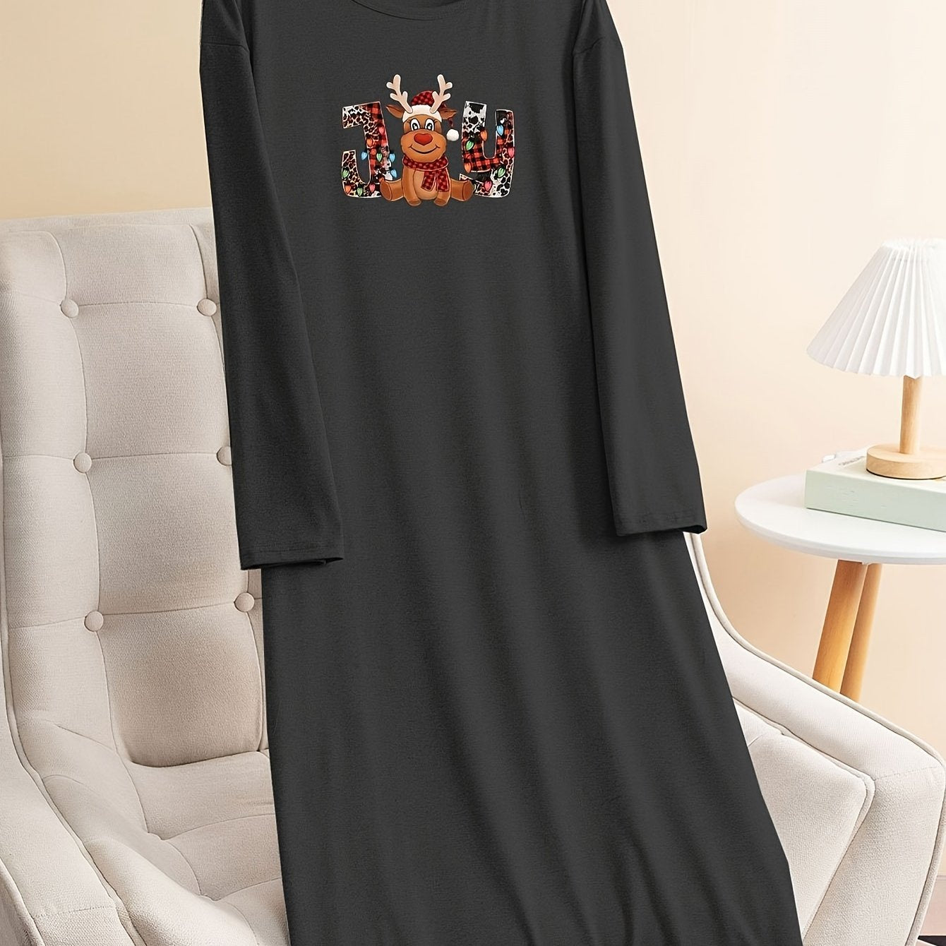 Plus Size Christmas Lounge Dress Elk & Letter Graphic Long Sleeve Tee Dress