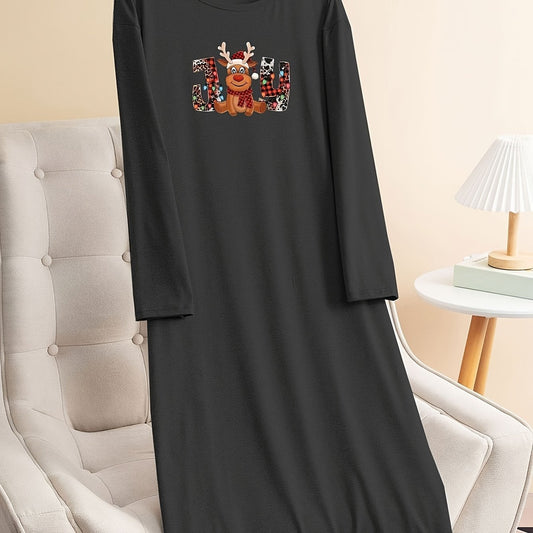 Plus Size Christmas Lounge Dress Elk & Letter Graphic Long Sleeve Tee Dress