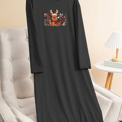 Plus Size Christmas Lounge Dress Elk & Letter Graphic Long Sleeve Tee Dress