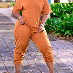 Solid Short Sleeve V Neck Tee & Pants Outfits Set