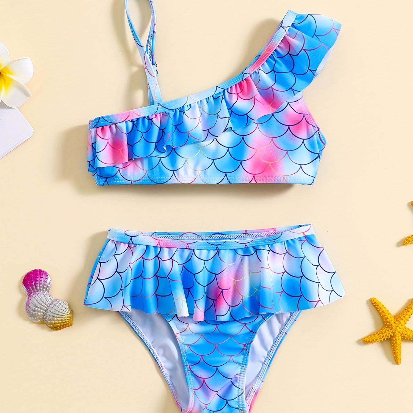 Mermaid One Shoulder Cami Top & Shorts Swimsuit Set for Baby Girls