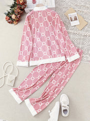 Girls 2pcs Pajamas Geometric Print Long Sleeve Button Front