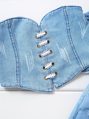 2pcs Toddler Girls Off Shoulder Denim Tube Top & Ripped Belted Jeans Set