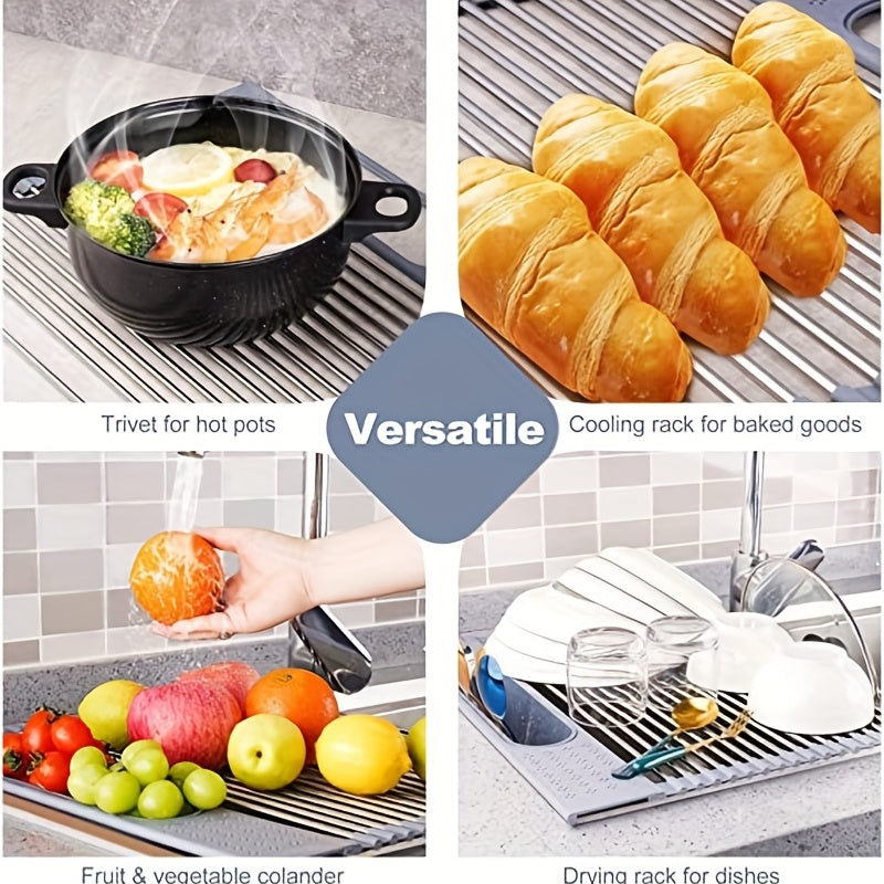 Stainless Steel Roll Up Dish Drying Rack with Utensil Holder