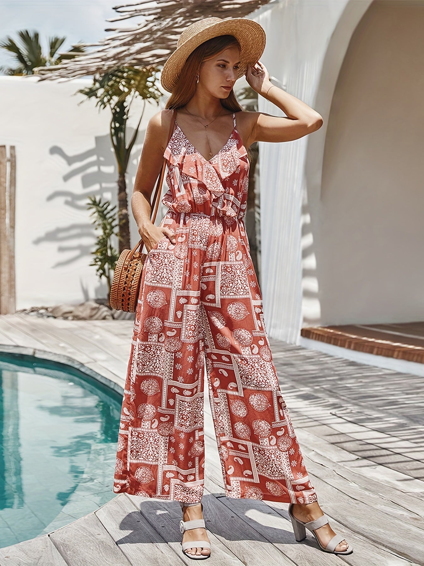 Patchwork Cami Jumpsuit Boho Paisley Print Sleeveless V Neck Ruffle Trim