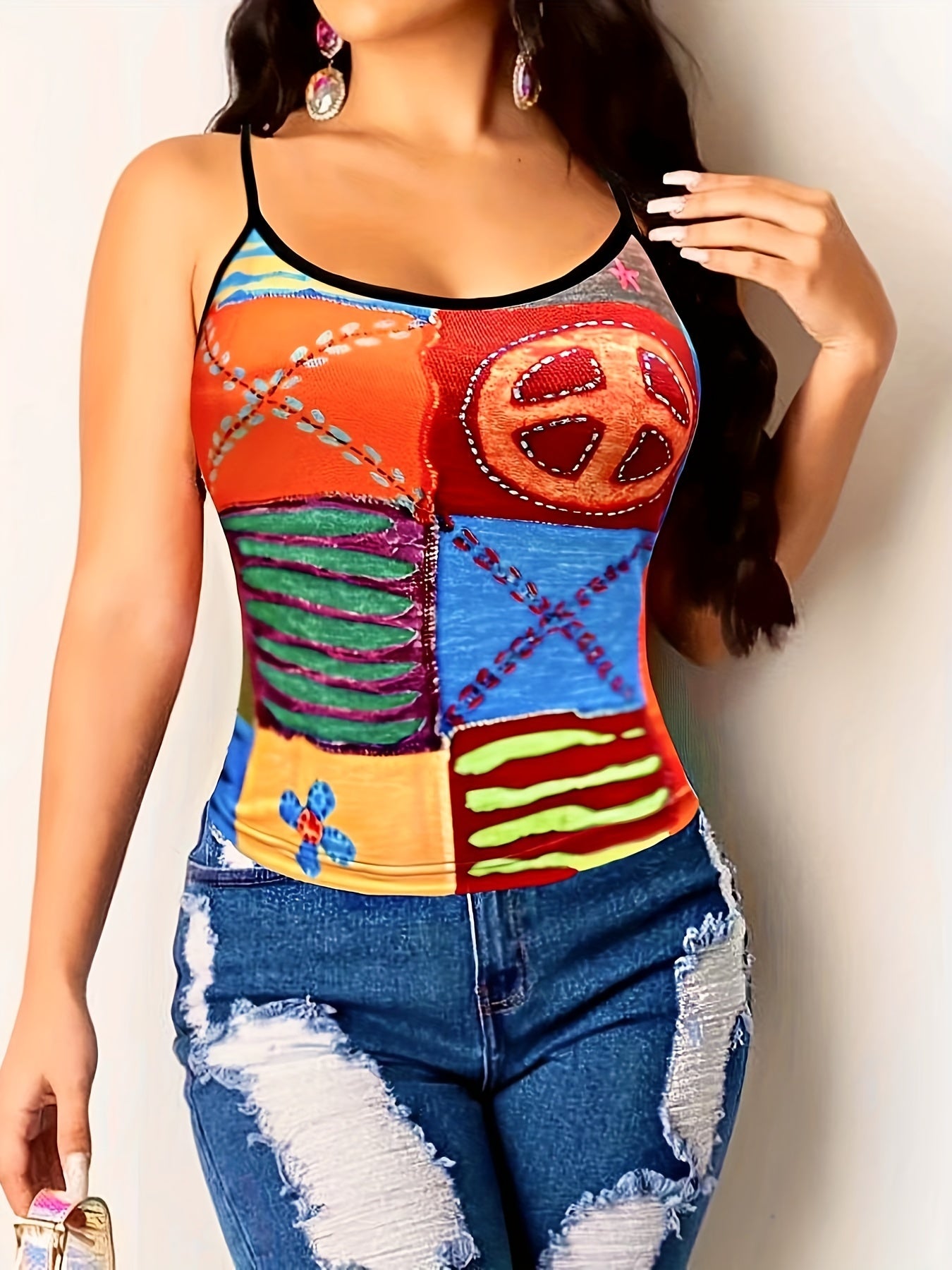 Colorblock Graphic Print Cami Top Sleeveless Crew Neck Summer Top