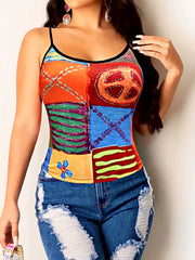 Colorblock Graphic Print Cami Top Sleeveless Crew Neck Summer Top