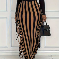 Stripe Print High Rise Fringe Trim Maxi Skirt