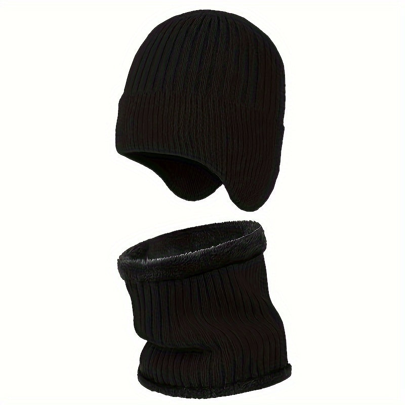 Winter Knitted Beanie Hat & Scarf Set Wool Ear Protection Warm Neck Gait