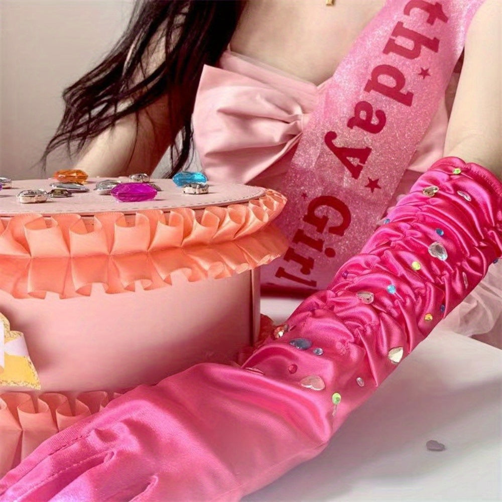 Pink Satin Rhinestone Gloves for Women