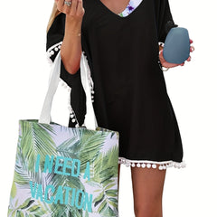 Chiffon Pom Pom Kaftan Beach Swimsuit Cover Up Scoop Neck Batwing Dress