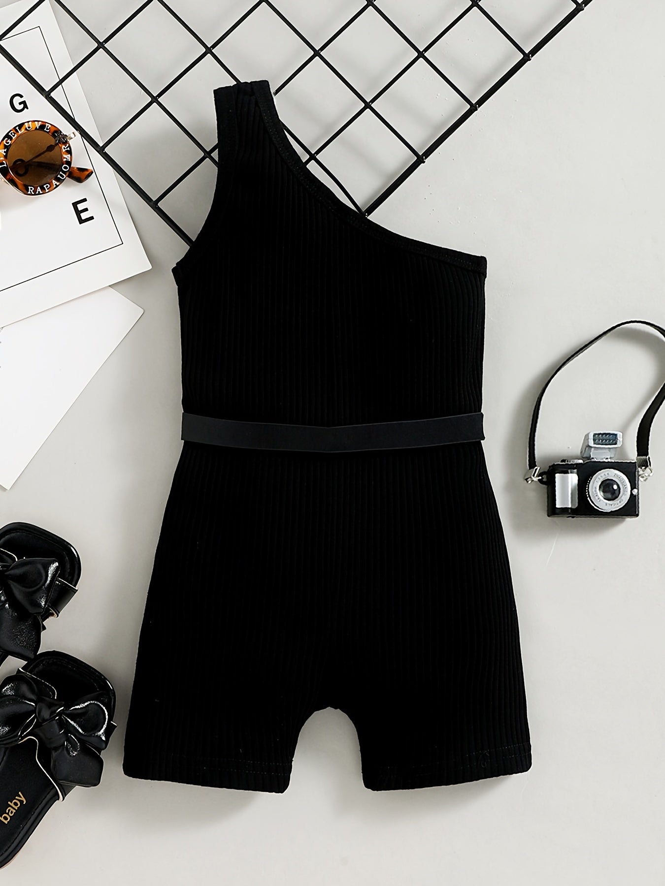 Toddler Girls Cotton Ribbed One Shoulder Jumpsuit Romper