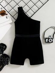 Toddler Girls Cotton Ribbed One Shoulder Jumpsuit Romper