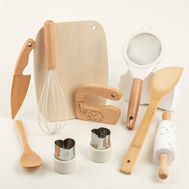 10pcs Wooden Kitchen Play Set with Chef Hat Knives and Play Food