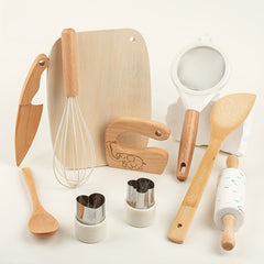 10pcs Wooden Kitchen Play Set with Chef Hat Knives and Play Food