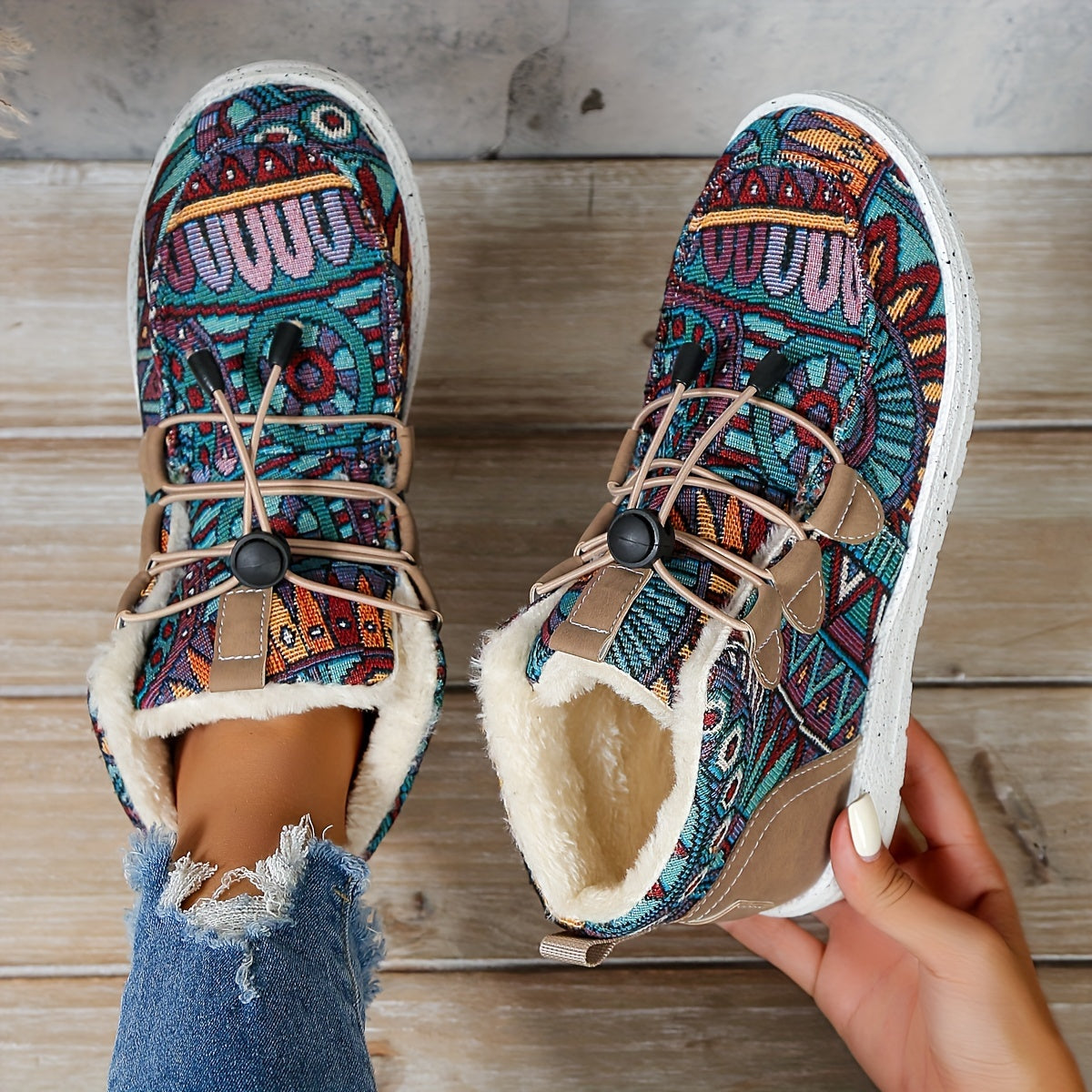 Ethnic Pattern Plush Lined Furry Snow Boots for Winter