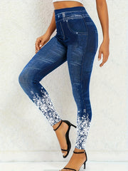 Floral & Denim Print High Rise Plus Leggings