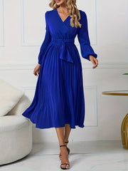 Solid Buckle Maxi Dress Lantern Sleeve Surplice Neck