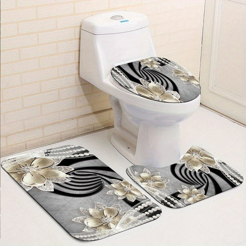 Christmas Waterproof Shower Curtain Set with Non Slip Mat and Toilet Seat Cover
