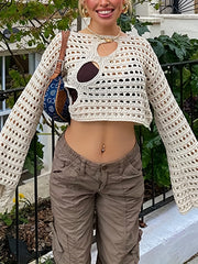 Y2K Crochet Crop Top Long Sleeve Solid Casual Top Women