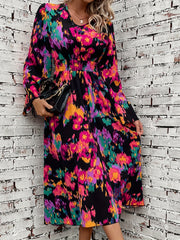 Abstract Print Shirred Dress V Neck Midi Dress Women's Clothing