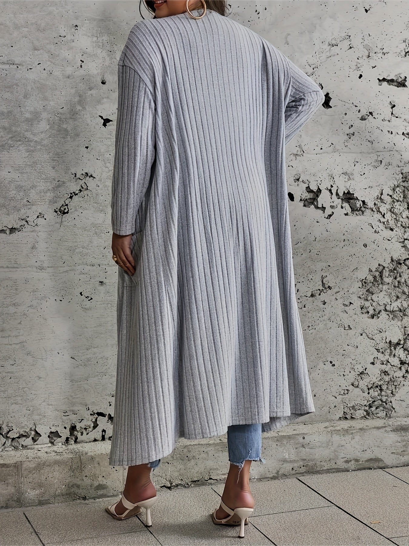 Solid Ribbed Long Sleeve Open Front Cardigan With Pockets