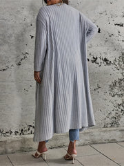 Solid Ribbed Long Sleeve Open Front Cardigan With Pockets