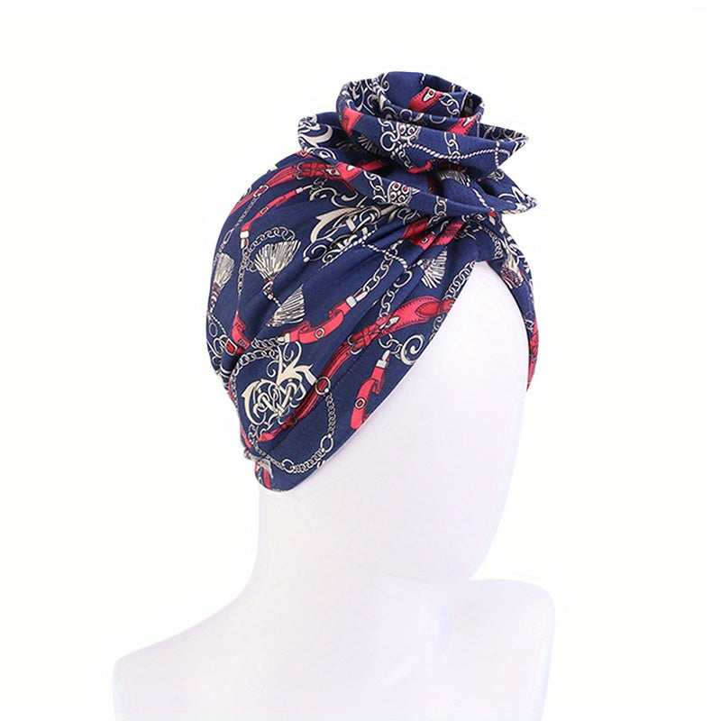 Boho Flower Decor Turban Cap Printed Bonnet Head Wrap Scarf Beanie