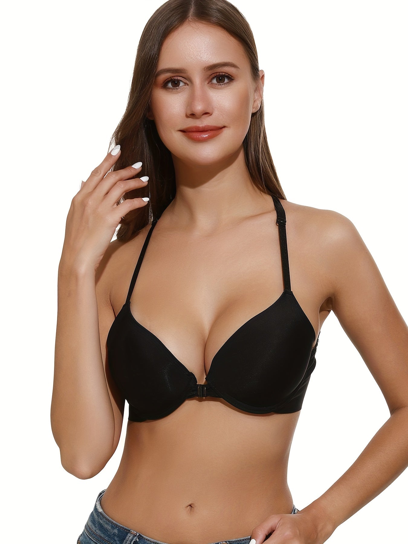 Front Buckle T Shirt Bra Contrast Lace Push Up Comfy & Breathable