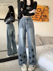 Star Print Wide Leg Pintuck Jeans High Rise