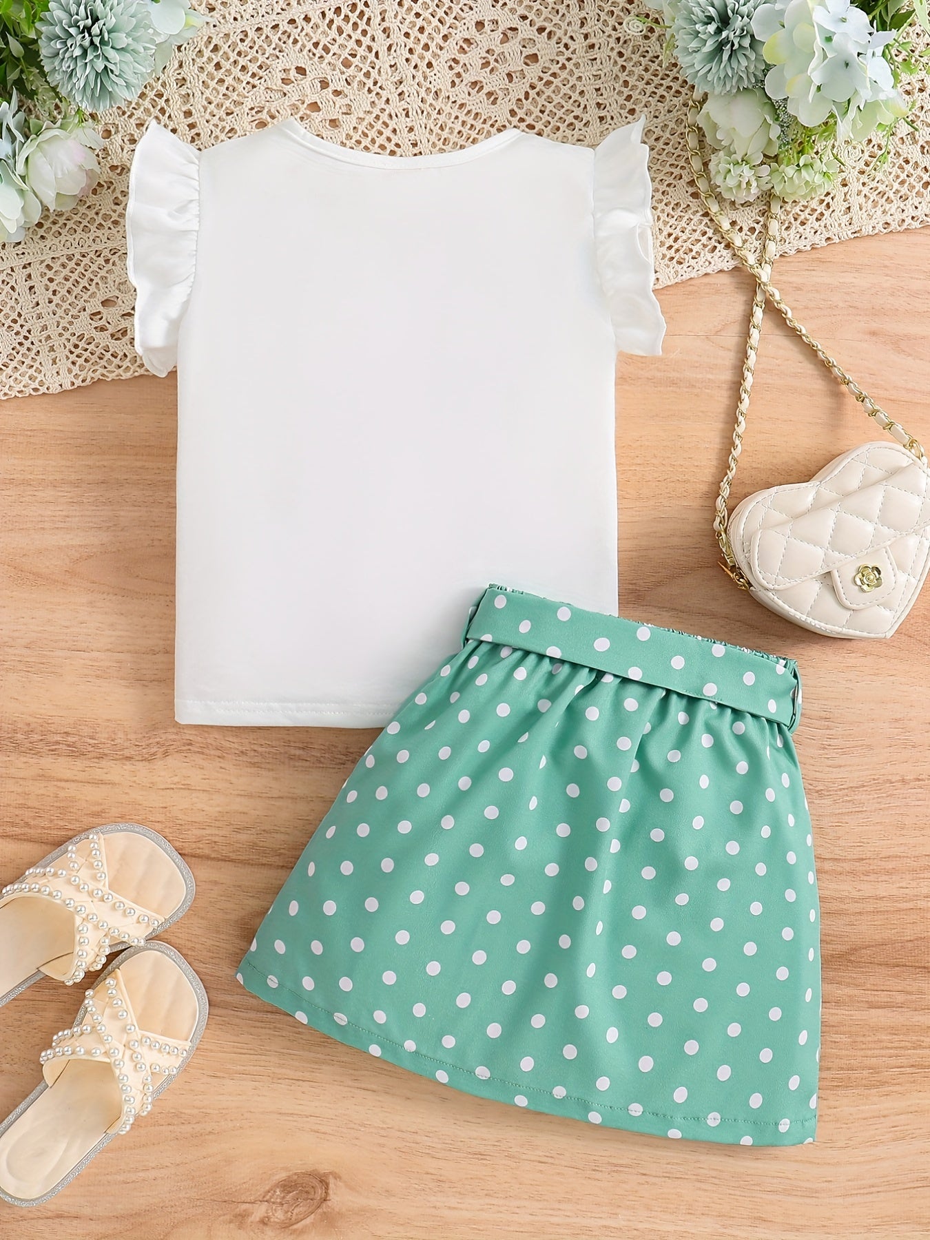 2pcs Toddler Girls Butterfly Sleeves Polka Dot Heart Top & Skirt Set