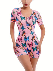 Butterfly Pattern Lounge Romper Sexy Short Sleeve Buttons Romper