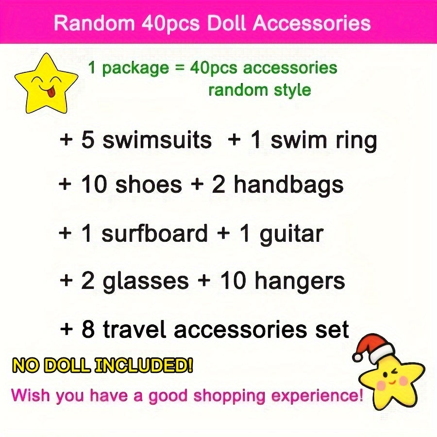 40pc Doll Clothing & Accessories Playset with Shoes, Handbags, Surfboard, Guitar